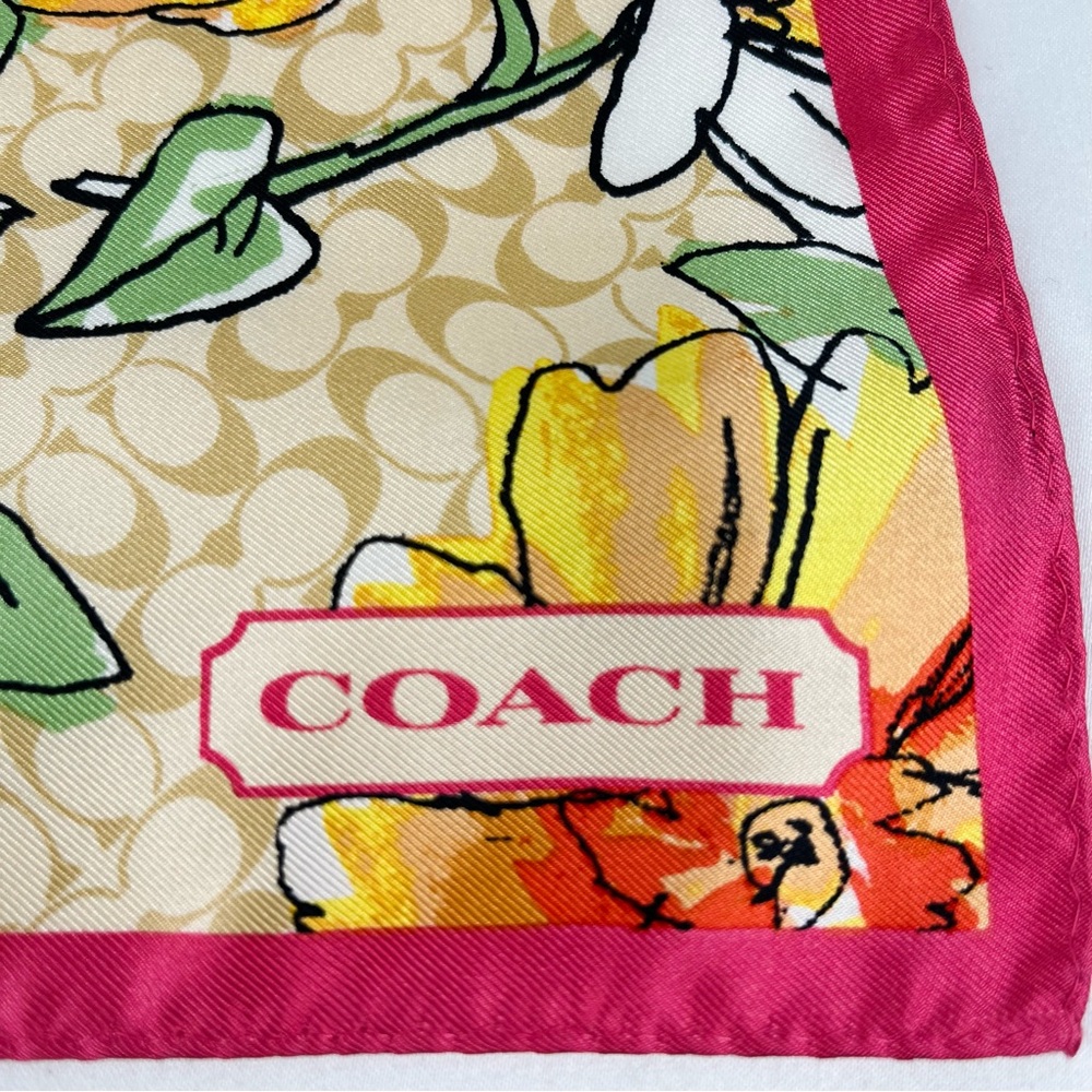 Coach Signature C Floral Print Scarf 26” Square Orange Yellow Pink Tan RN26128 - Picture 2 of 6